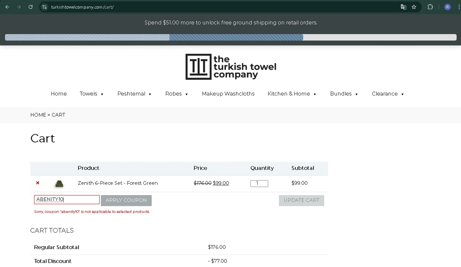 The Turkish Towel Company promo code screenshot showing code ABENITY10 applied at The Turkish Towel Company checkout page. Uploaded by SimplyCodes community member CoinPilot9113 on Jul 28, 2025