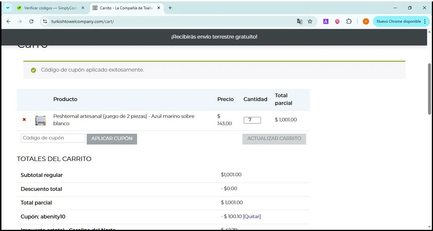 The Turkish Towel Company promo code screenshot showing code ABENITY10 applied at The Turkish Towel Company checkout page. Uploaded by SimplyCodes community member David81 on Aug 25, 2025