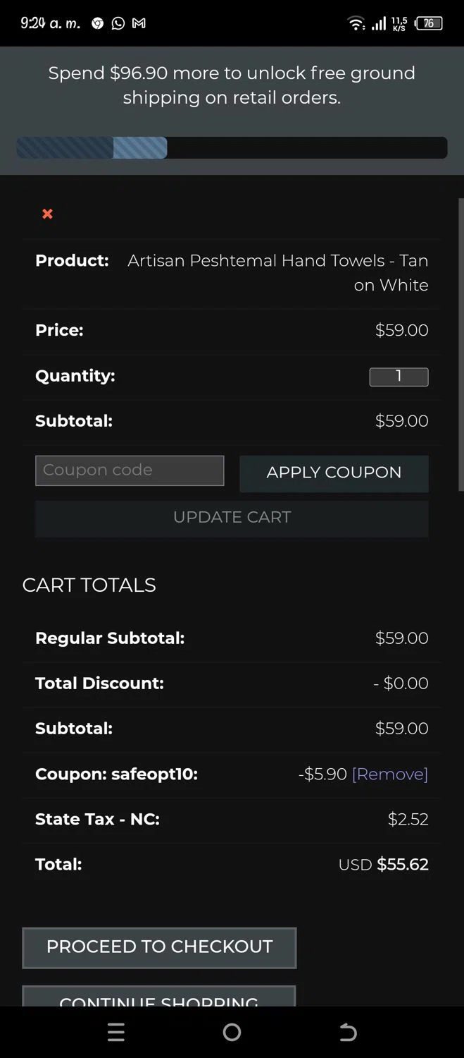 The Turkish Towel Company promo code screenshot showing code SAFEOPT10 applied at The Turkish Towel Company checkout page. Uploaded by SimplyCodes community member Pipina11 on Jun 8, 2025