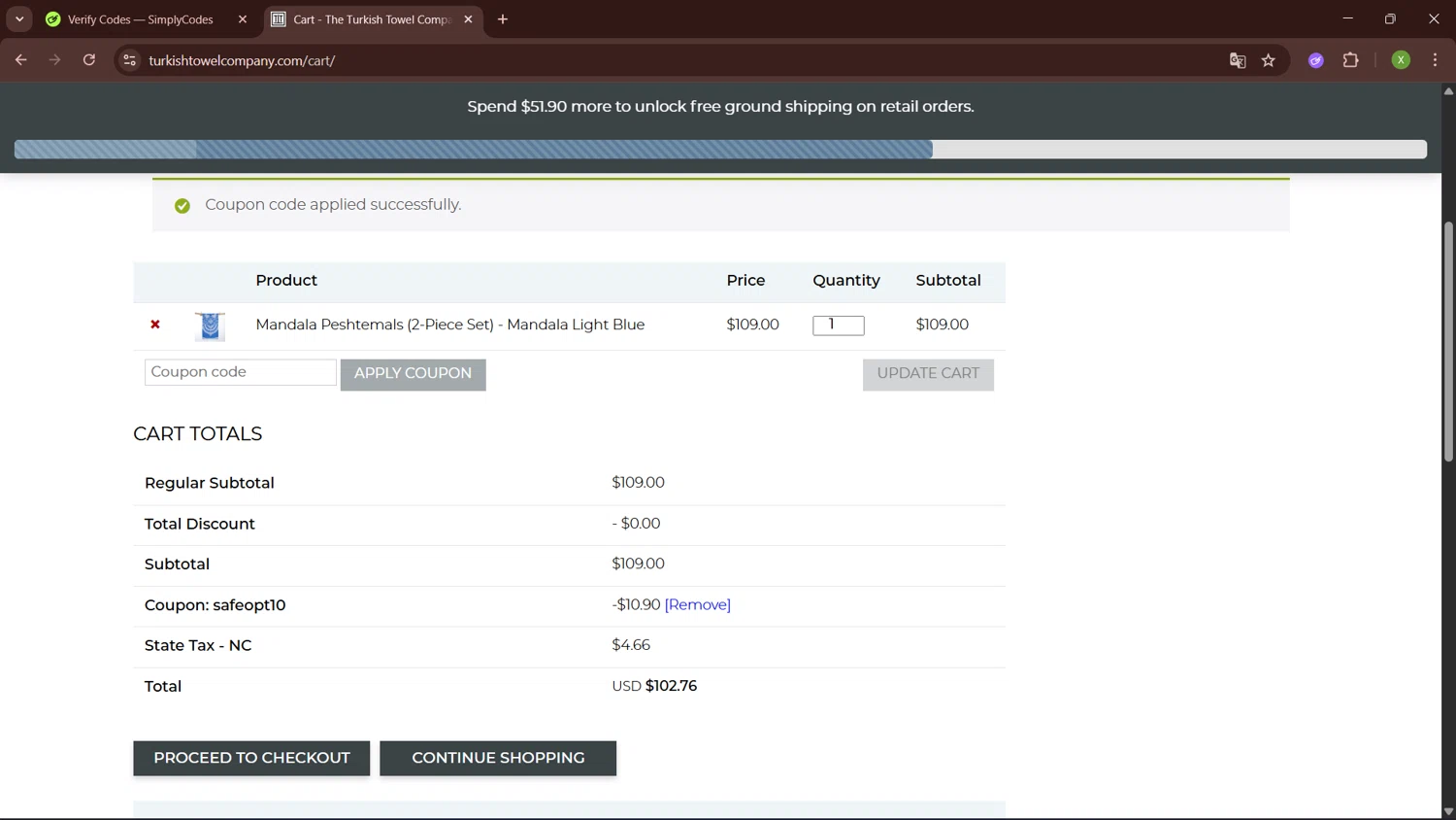 The Turkish Towel Company promo code screenshot showing code SAFEOPT10 applied at The Turkish Towel Company checkout page. Uploaded by SimplyCodes community member SaleTiger1087 on Oct 24, 2025