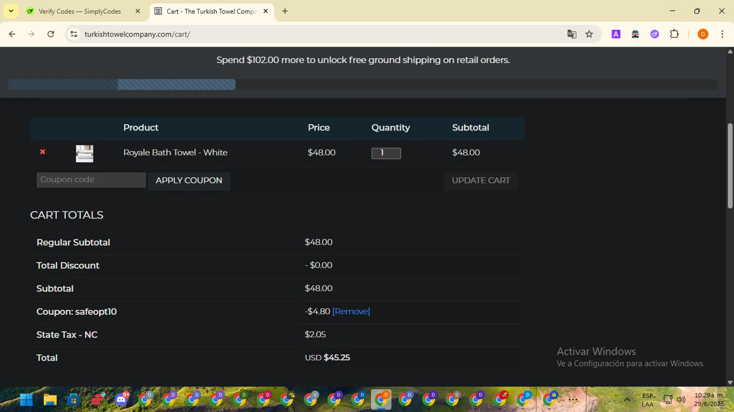 The Turkish Towel Company promo code screenshot showing code SAFEOPT10 applied at The Turkish Towel Company checkout page. Uploaded by SimplyCodes community member SavingsMaverick3203 on Jun 29, 2025