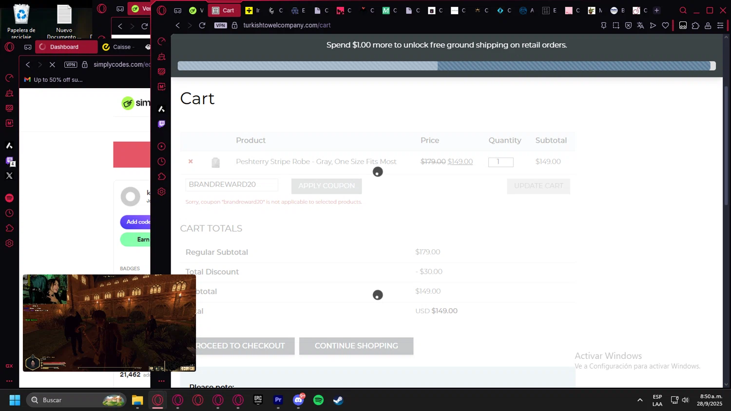 The Turkish Towel Company promo code screenshot showing code BRANDREWARD20 applied at The Turkish Towel Company checkout page. Uploaded by SimplyCodes community member Billyyou on Sep 28, 2025
