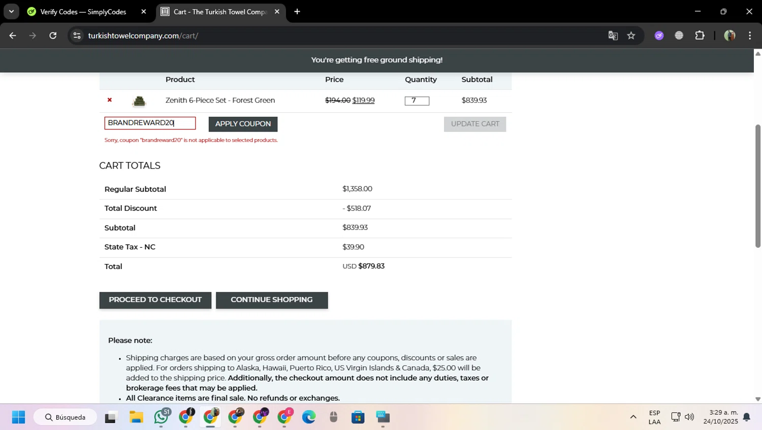 The Turkish Towel Company promo code screenshot showing code BRANDREWARD20 applied at The Turkish Towel Company checkout page. Uploaded by SimplyCodes community member MoneySentinel7597 on Oct 24, 2025
