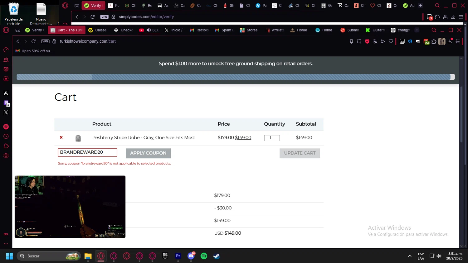 The Turkish Towel Company promo code screenshot showing code BRANDREWARD20 applied at The Turkish Towel Company checkout page. Uploaded by SimplyCodes community member kurcovein on Sep 28, 2025
