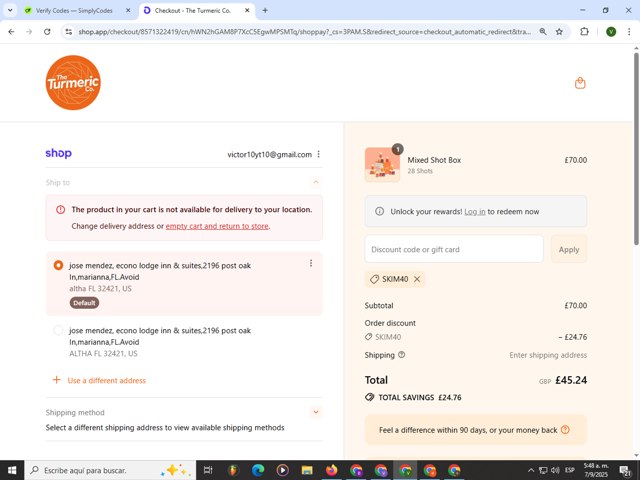 The Turmeric Co checkout page showing The Turmeric Co discount code box | Screenshot taken by SimplyCodes community member on Sep 7, 2025