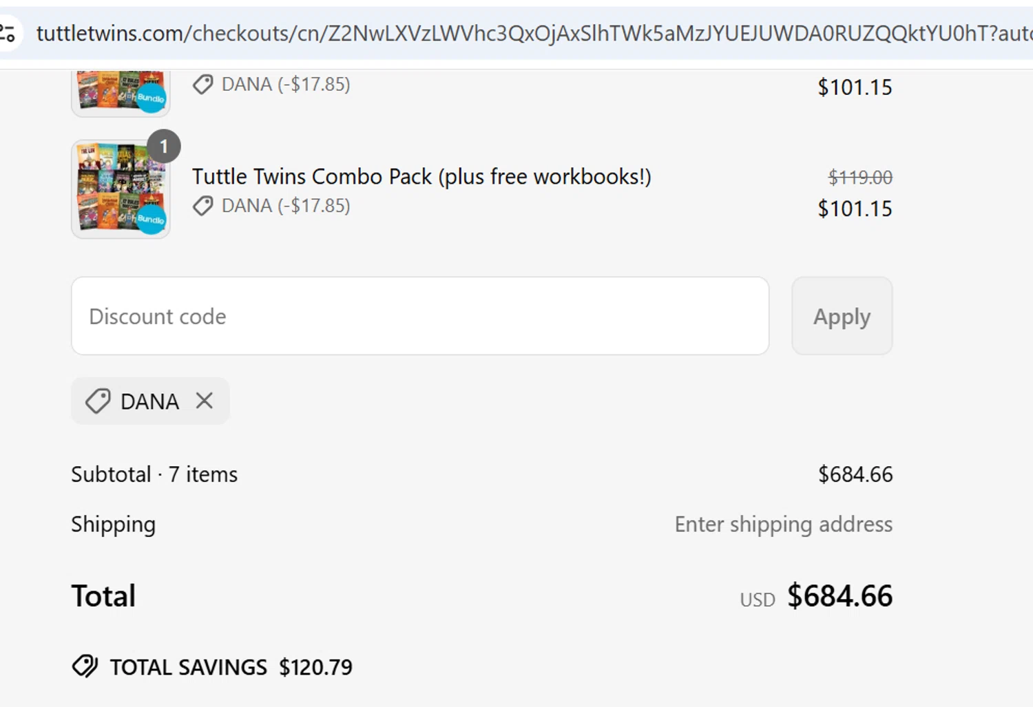 The Tuttle Twins coupon code screenshot showing code DANA applied at The Tuttle Twins checkout page. Uploaded by SimplyCodes community member BargainPioneer7317 on Jun 15, 2025