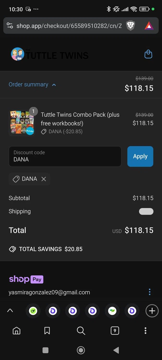 The Tuttle Twins coupon code screenshot showing code DANA applied at The Tuttle Twins checkout page. Uploaded by SimplyCodes community member Mirian on Jun 22, 2025