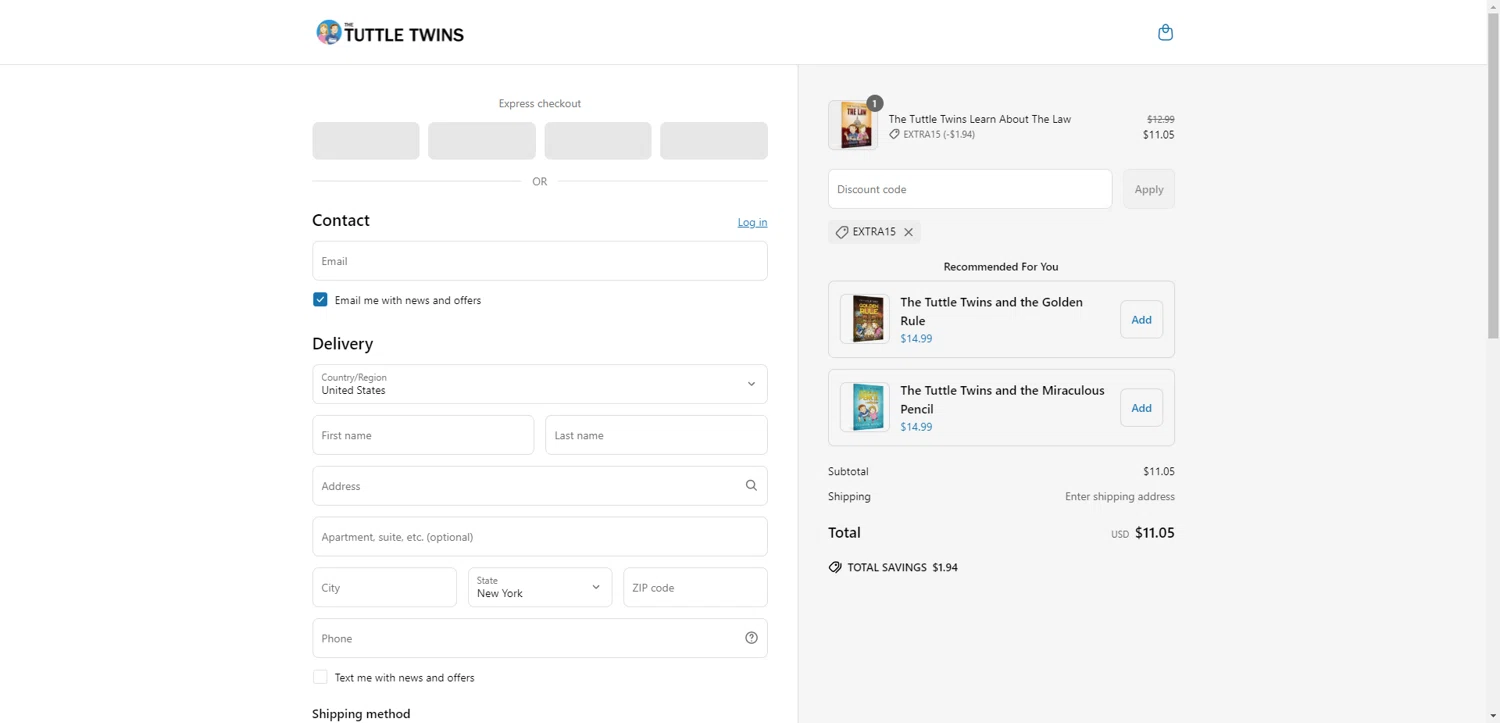 The Tuttle Twins coupon code screenshot showing code EXTRA15 applied at The Tuttle Twins checkout page. Uploaded by SimplyCodes community member CashSentinel5495 on Jun 22, 2025