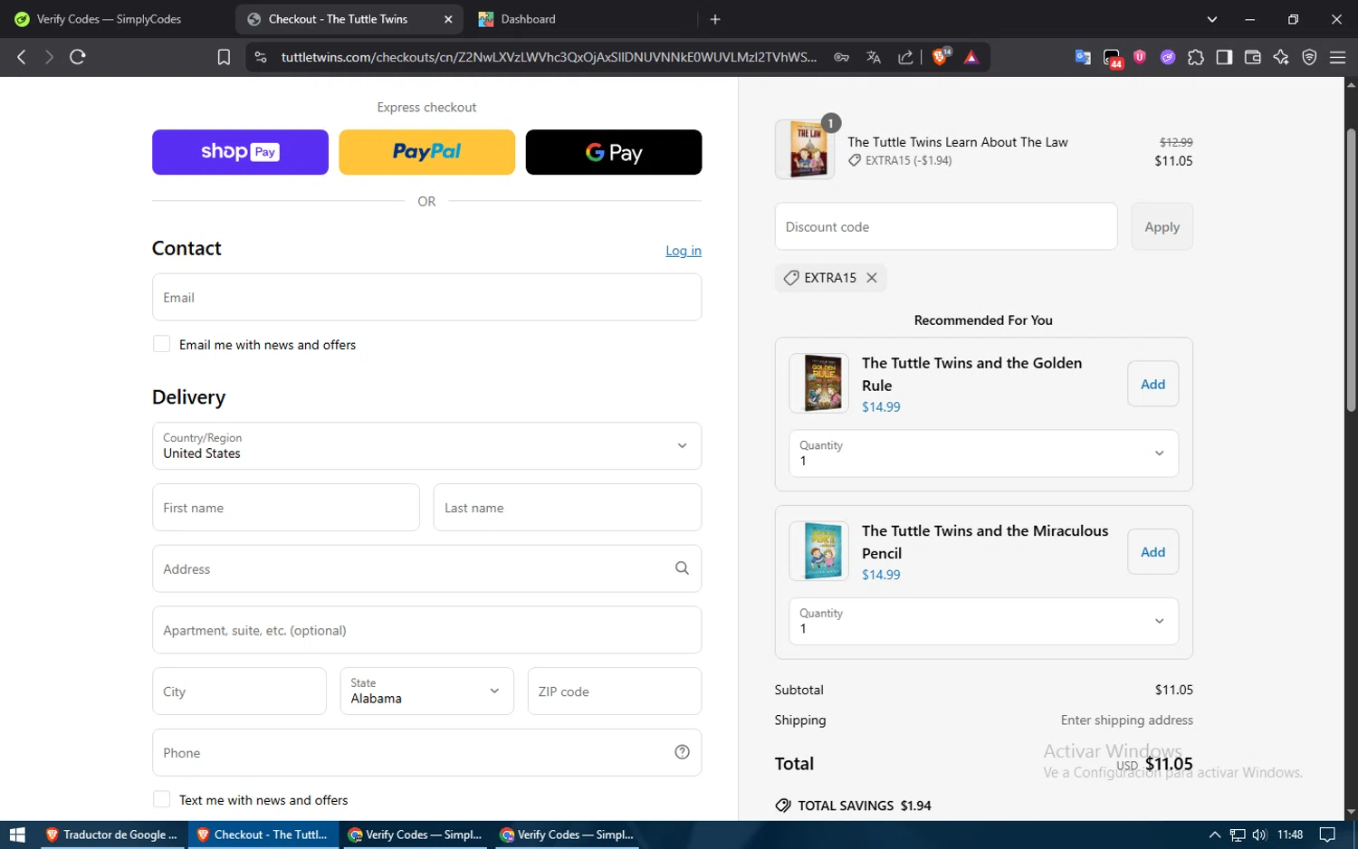 The Tuttle Twins coupon code screenshot showing code EXTRA15 applied at The Tuttle Twins checkout page. Uploaded by SimplyCodes community member Voucher200 on Jun 22, 2025