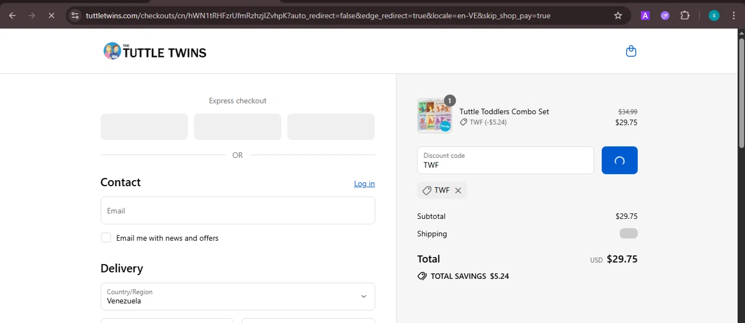 The Tuttle Twins coupon code screenshot showing code TWF applied at The Tuttle Twins checkout page. Uploaded by SimplyCodes community member ValiantChaser7723 on Aug 17, 2025