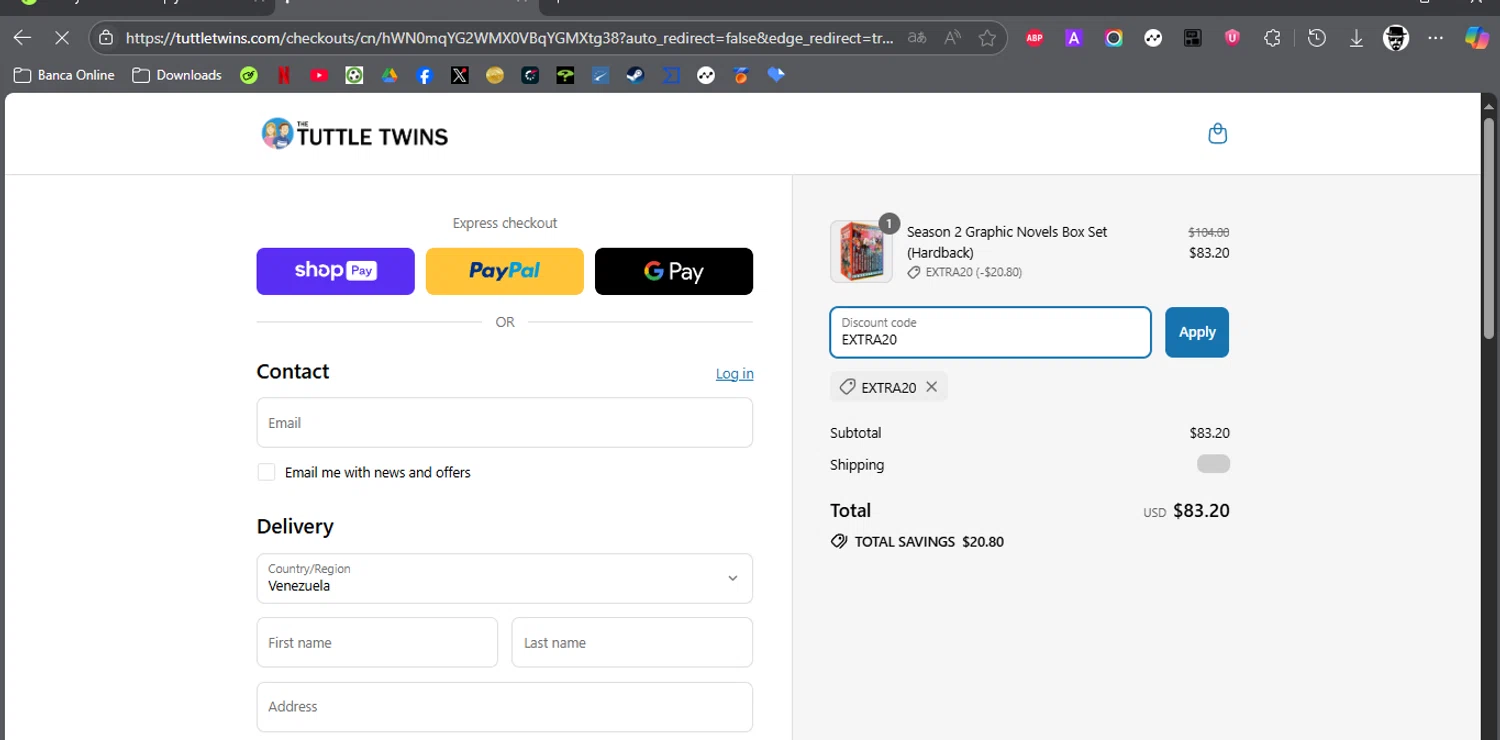 The Tuttle Twins coupon code screenshot showing code EXTRA20 applied at The Tuttle Twins checkout page. Uploaded by SimplyCodes community member ROCKSORD on Jul 19, 2025