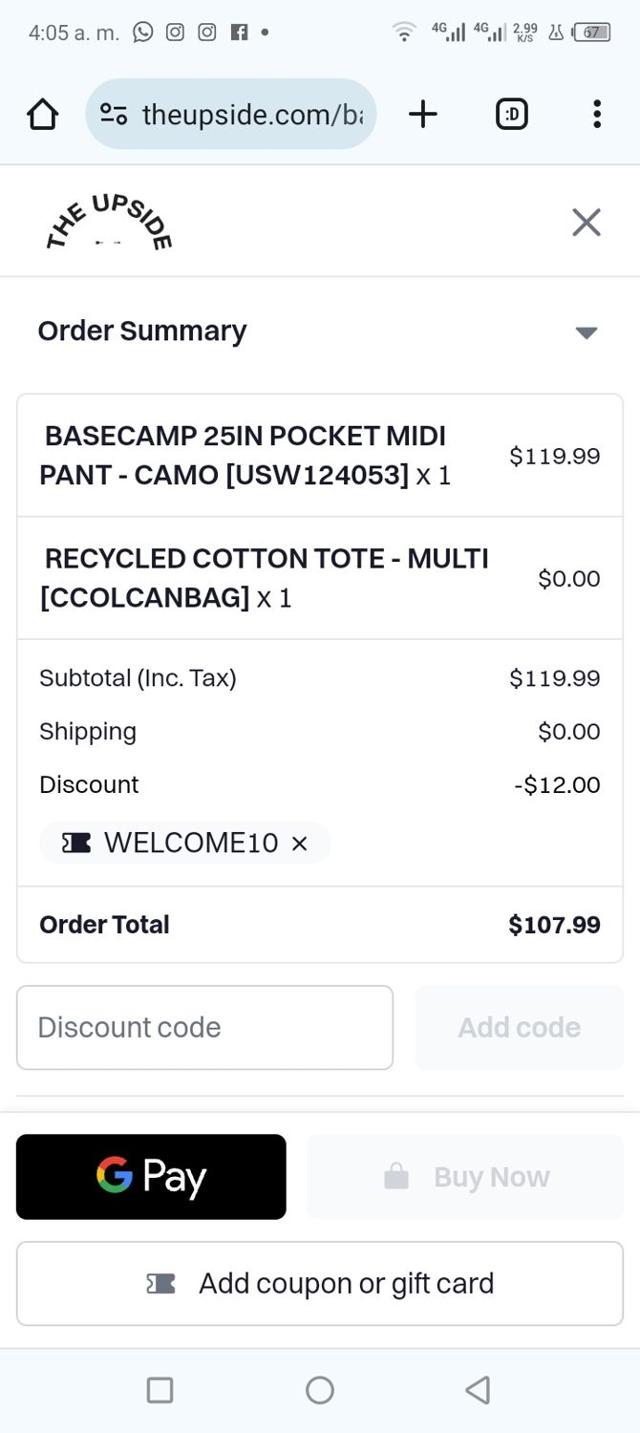 The Upside Apparel checkout page showing The Upside Apparel promo code box | Screenshot taken by SimplyCodes community member on Feb 1, 2024