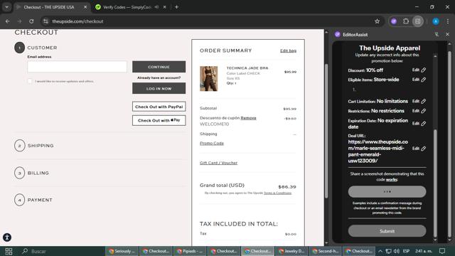 The Upside Apparel checkout page showing The Upside Apparel promo code box | Screenshot taken by SimplyCodes community member on Aug 14, 2025