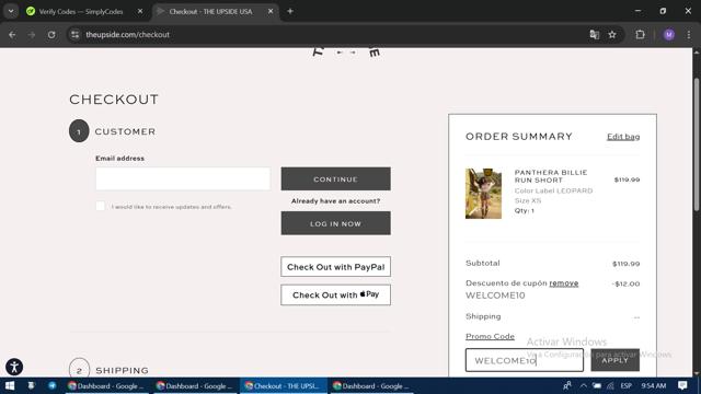 The Upside Apparel checkout page showing The Upside Apparel promo code box | Screenshot taken by SimplyCodes community member on May 10, 2025
