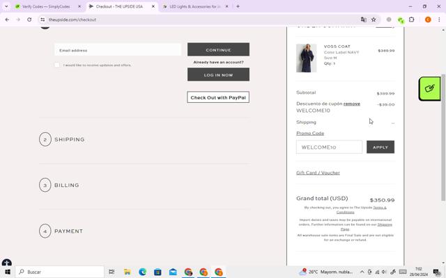 The Upside Apparel checkout page showing The Upside Apparel promo code box | Screenshot taken by SimplyCodes community member on Apr 28, 2024