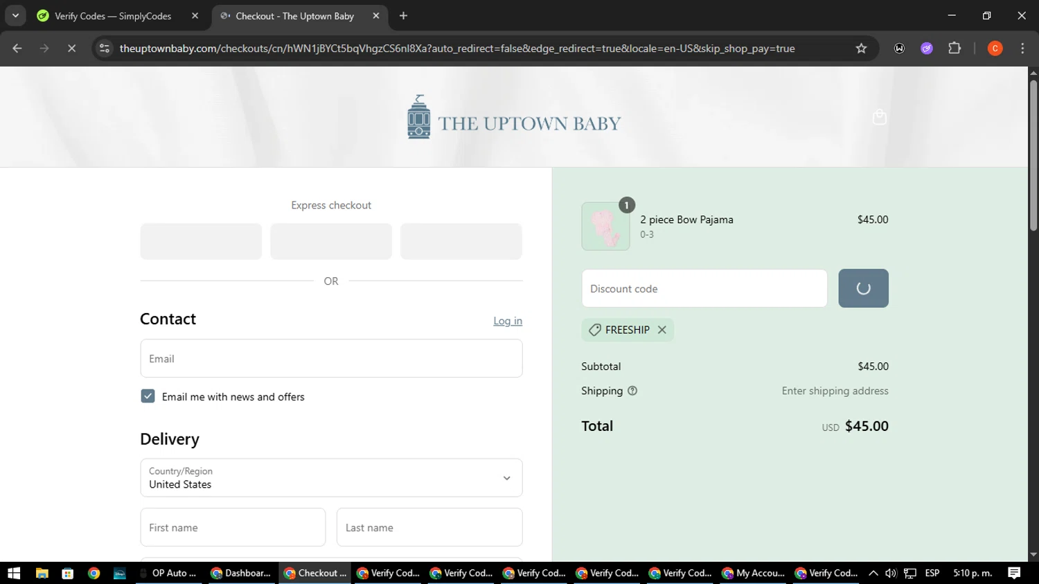 The Uptown Baby promo code screenshot showing code FREESHIP applied at The Uptown Baby checkout page. Uploaded by SimplyCodes community member NatanaelCano on Aug 12, 2025