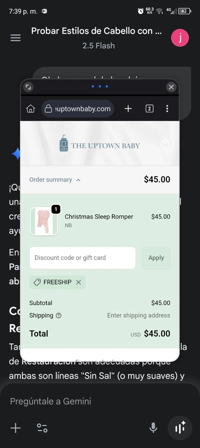 The Uptown Baby promo code screenshot showing code FREESHIP applied at The Uptown Baby checkout page. Uploaded by SimplyCodes community member ScanExpert7367 on Oct 2, 2025