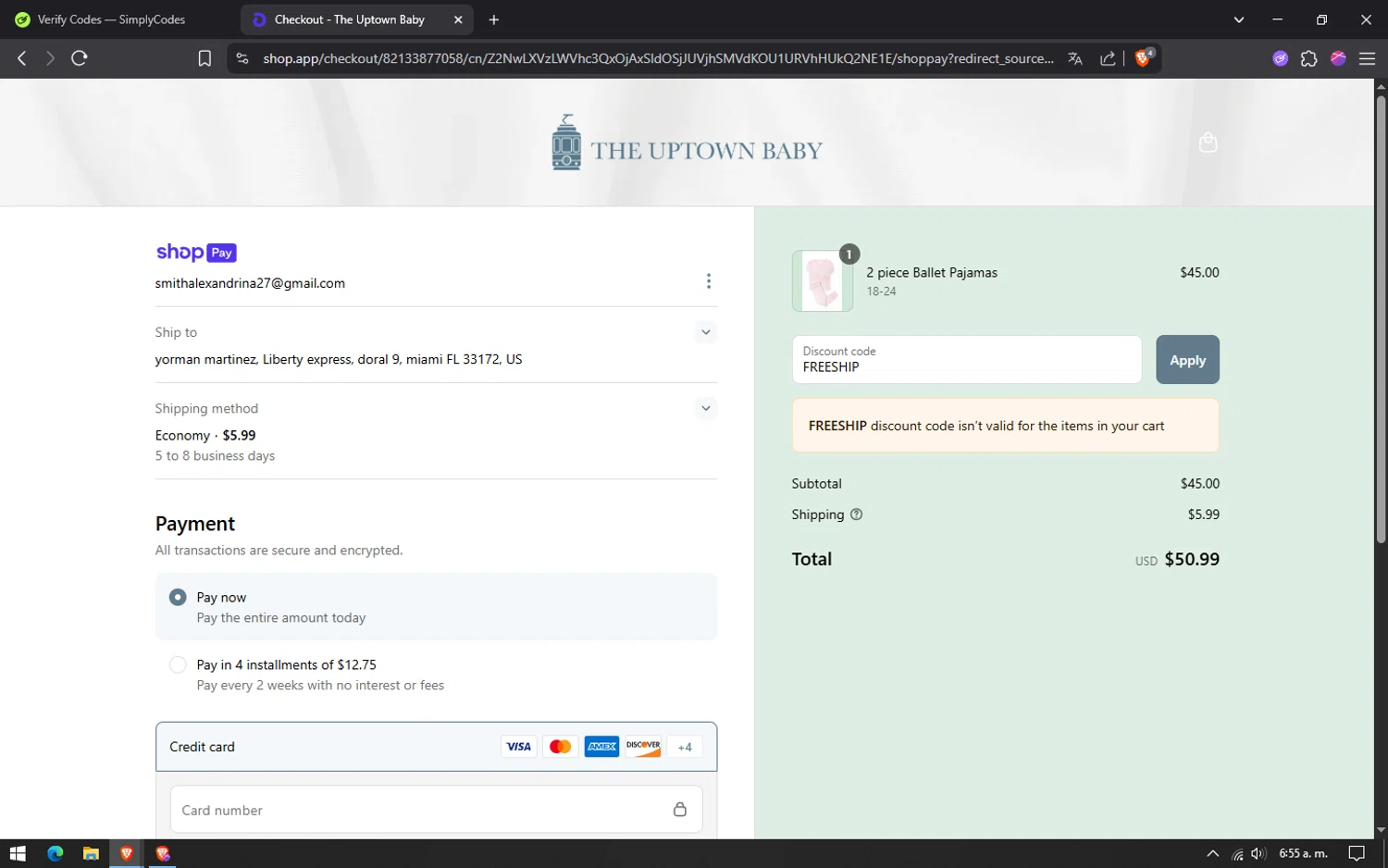 The Uptown Baby promo code screenshot showing code FREESHIP applied at The Uptown Baby checkout page. Uploaded by SimplyCodes community member lareinadecupones on Jun 1, 2025
