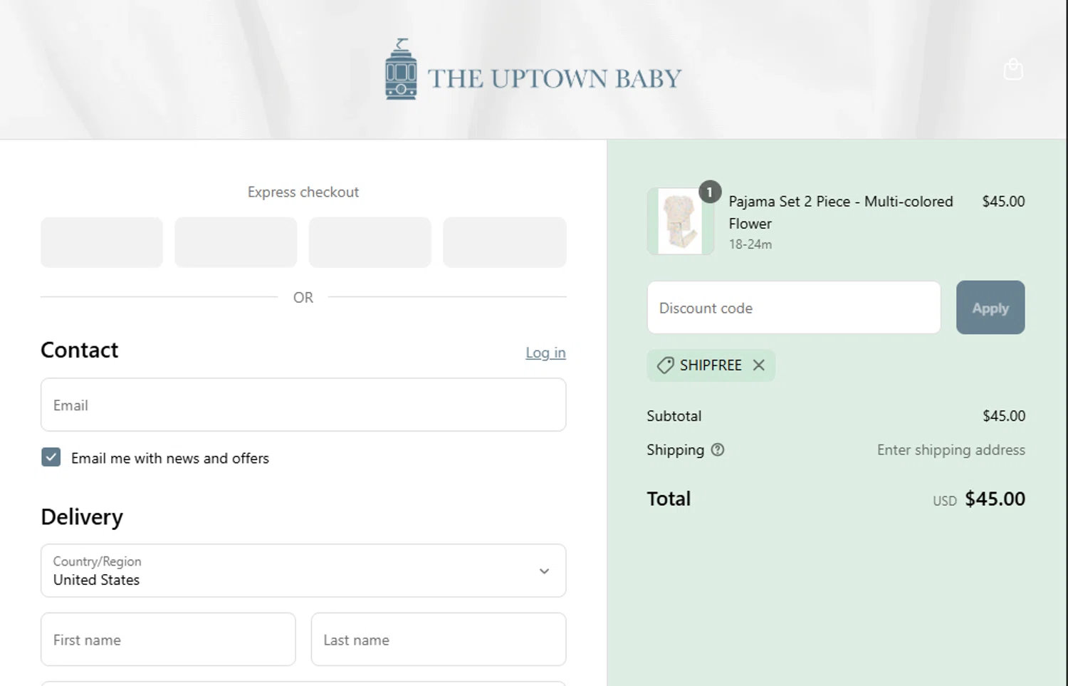 The Uptown Baby promo code screenshot showing code SHIPFREE applied at The Uptown Baby checkout page. Uploaded by SimplyCodes community member SwiftTracker8156 on May 1, 2025