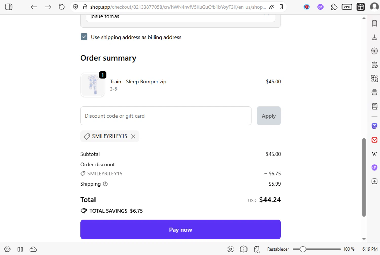 The Uptown Baby promo code screenshot showing code Smileyriley15 applied at The Uptown Baby checkout page. Uploaded by SimplyCodes community member luissilva2 on Nov 1, 2025
