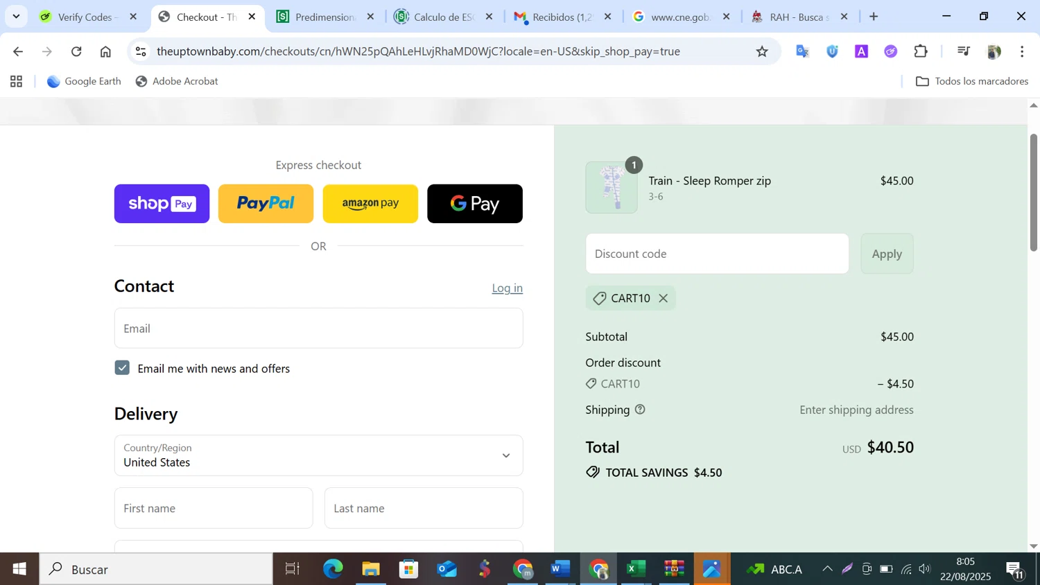 The Uptown Baby promo code screenshot showing code CART10 applied at The Uptown Baby checkout page. Uploaded by SimplyCodes community member NobleMonarch5837 on Aug 22, 2025