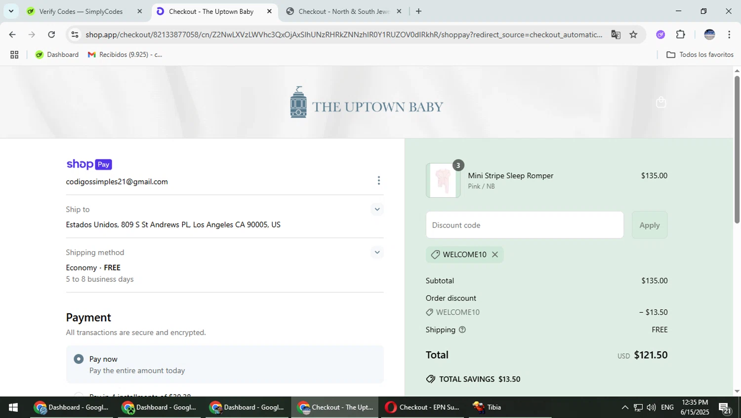 The Uptown Baby promo code screenshot showing code WELCOME10 applied at The Uptown Baby checkout page. Uploaded by SimplyCodes community member TrevorPhilips on Jun 15, 2025