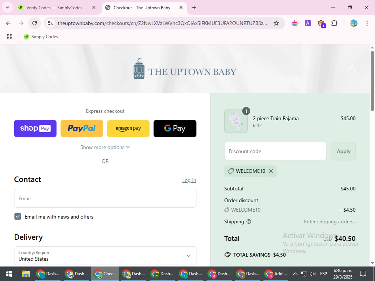 The Uptown Baby promo code screenshot showing code WELCOME10 applied at The Uptown Baby checkout page. Uploaded by SimplyCodes community member ShrewdSpotter4101 on Mar 29, 2025