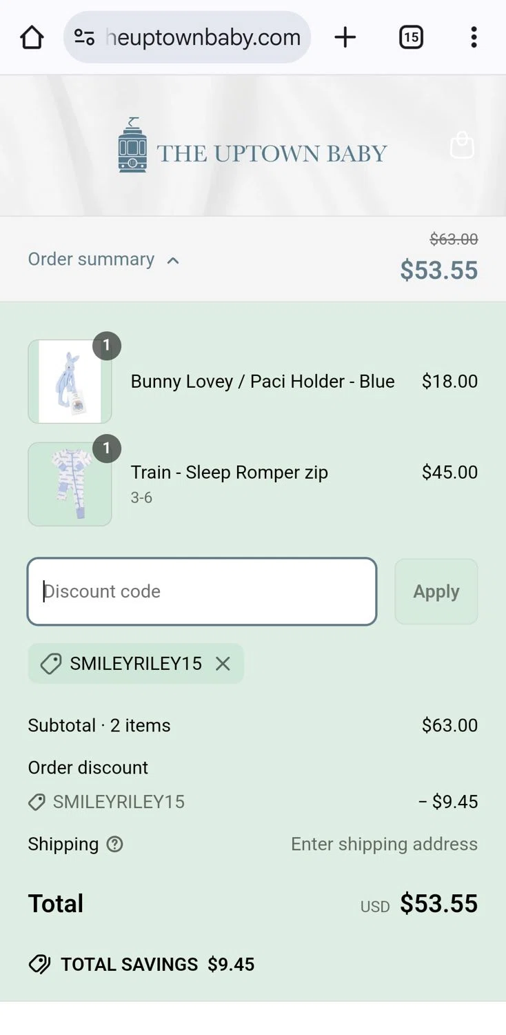 The Uptown Baby promo code screenshot showing code Smileyriley15 applied at The Uptown Baby checkout page. Uploaded by SimplyCodes community member KarinaHZ on Mar 26, 2025