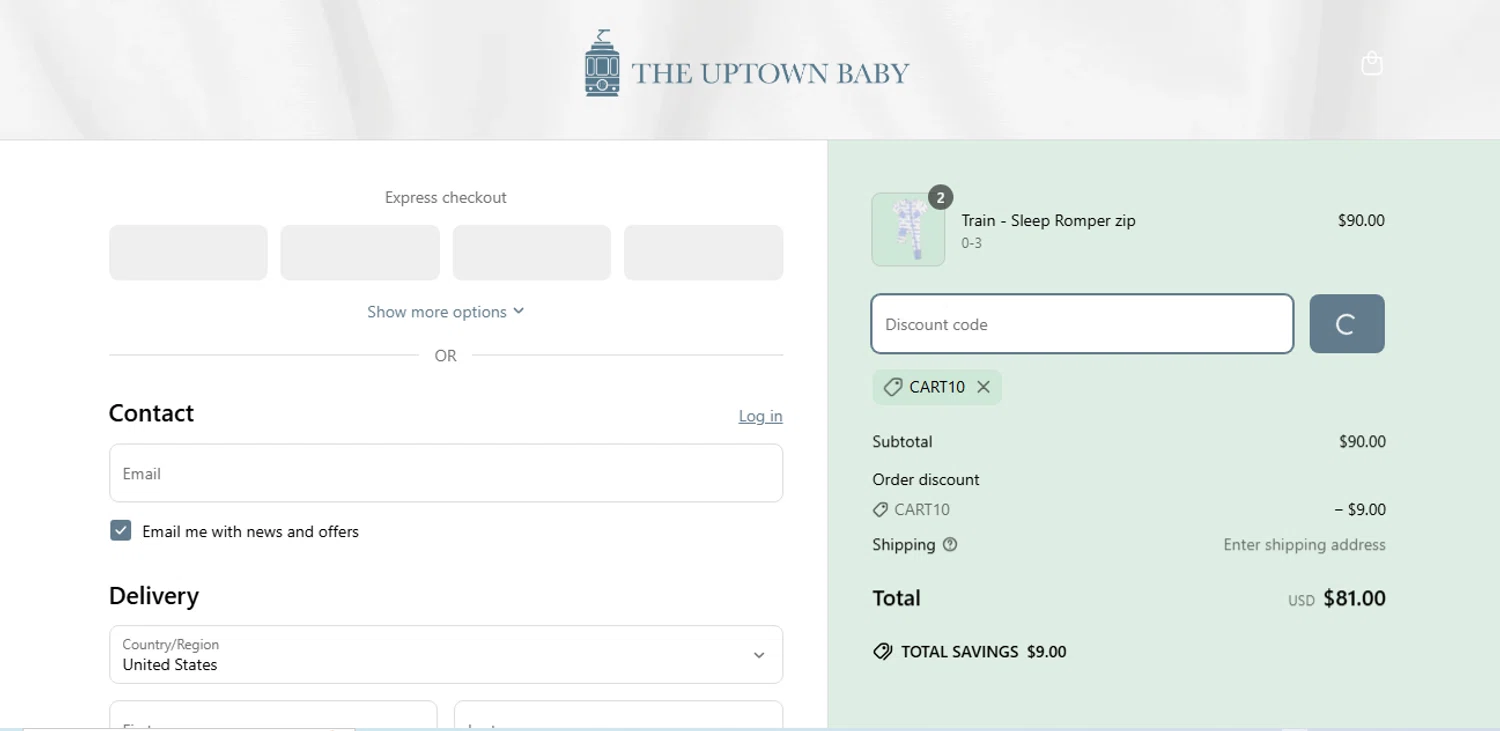 The Uptown Baby promo code screenshot showing code CART10 applied at The Uptown Baby checkout page. Uploaded by SimplyCodes community member shark12 on Mar 28, 2025