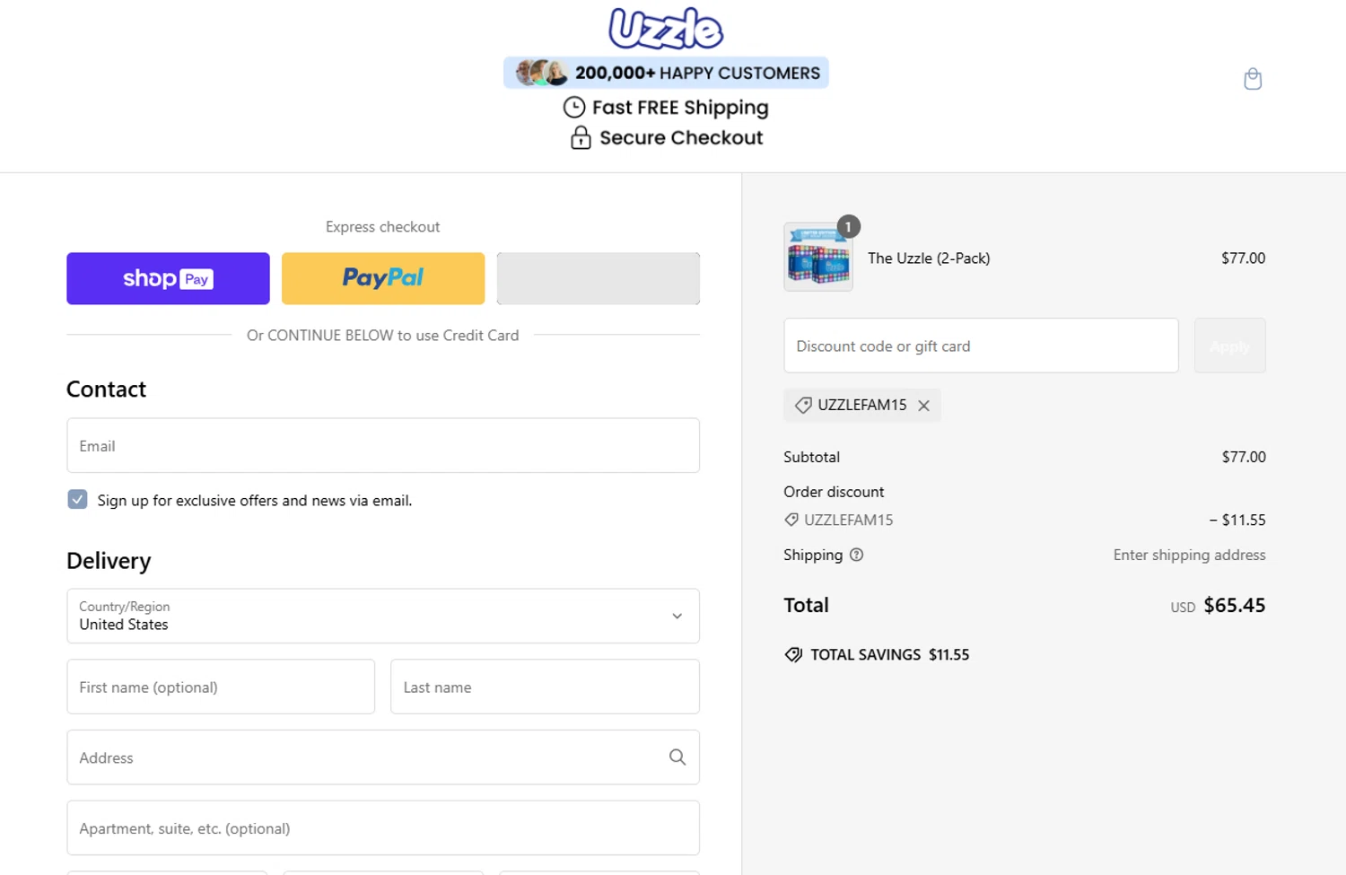 The Uzzle discount code screenshot showing code UZZLEFAM15 applied at The Uzzle checkout page. Uploaded by SimplyCodes community member Marboroooooooooooo on Feb 10, 2025