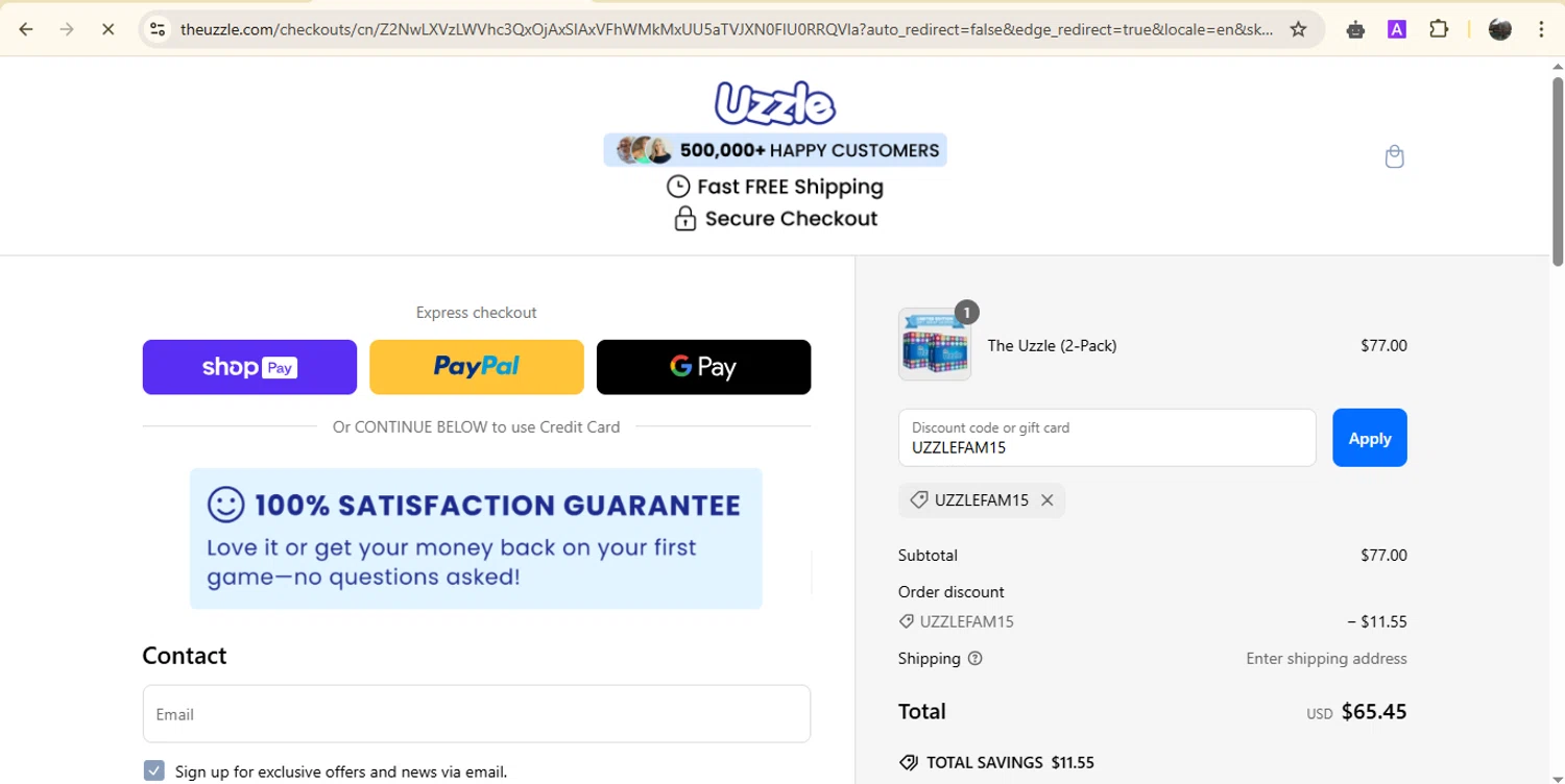 The Uzzle discount code screenshot showing code UZZLEFAM15 applied at The Uzzle checkout page. Uploaded by SimplyCodes community member onebullet on Mar 11, 2025