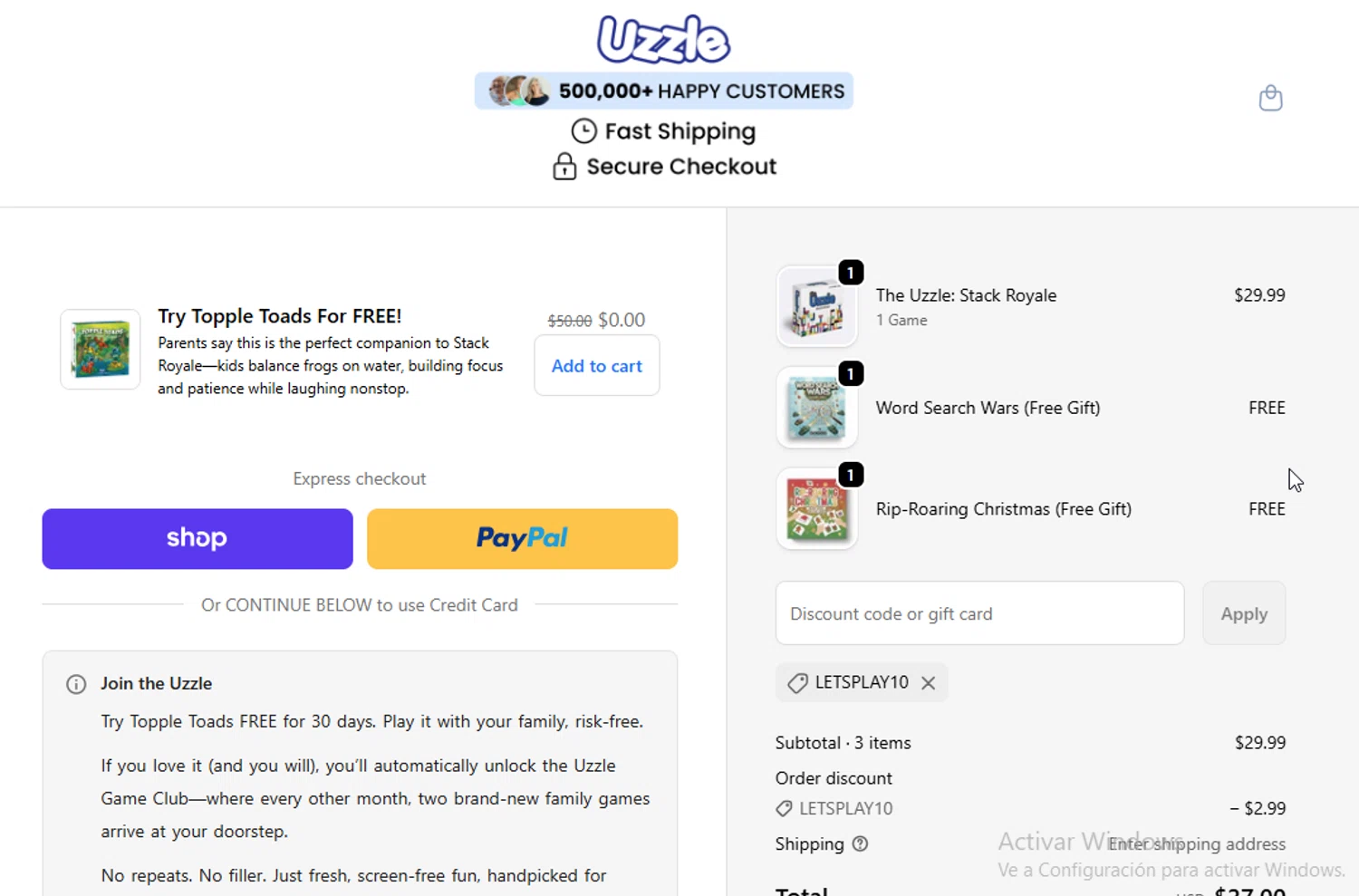 The Uzzle discount code screenshot showing code LETSPLAY10 applied at The Uzzle checkout page. Uploaded by SimplyCodes community member Sheele_Icon on Dec 21, 2025