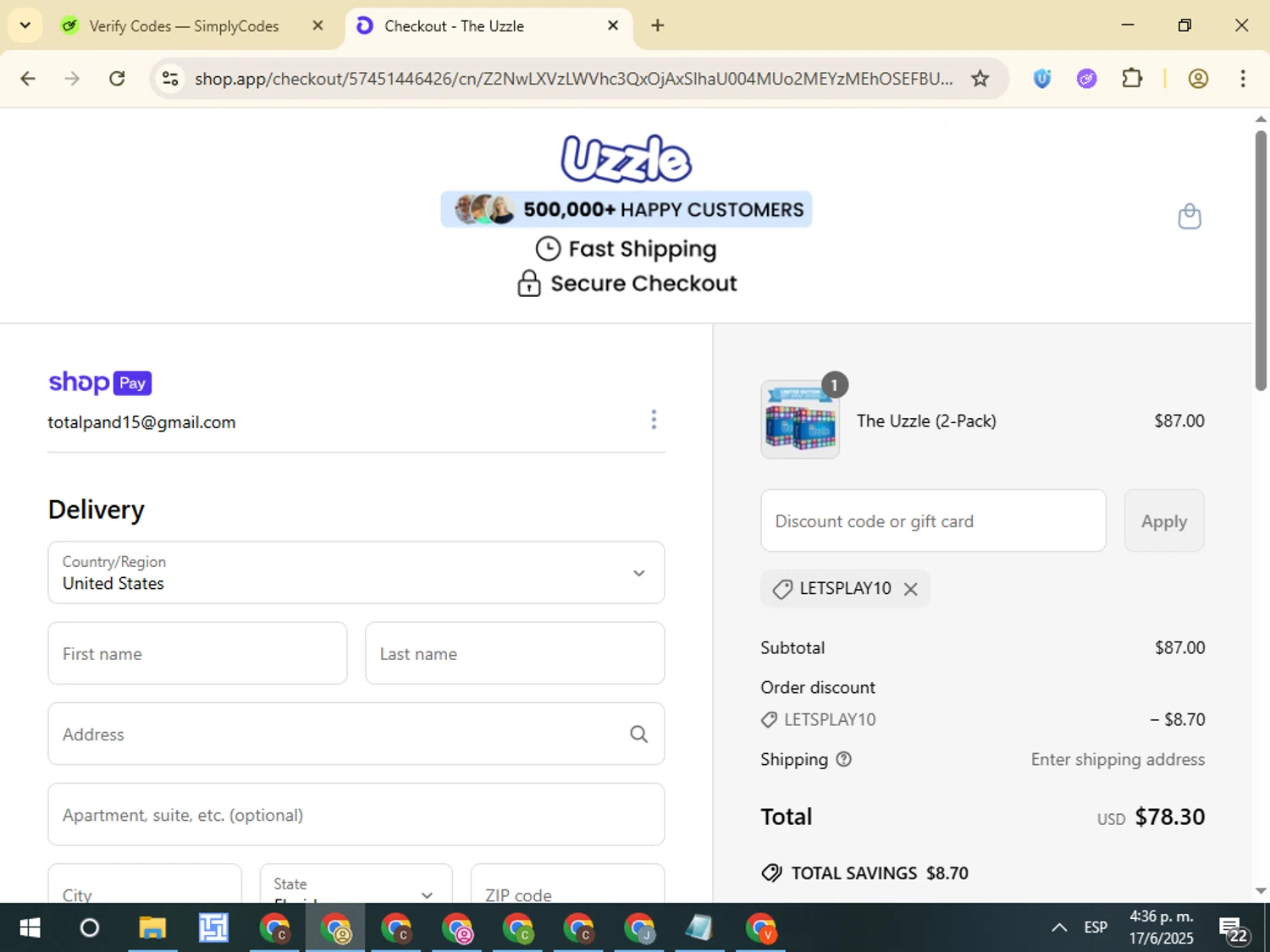 The Uzzle discount code screenshot showing code LETSPLAY10 applied at The Uzzle checkout page. Uploaded by SimplyCodes community member VictorL on Jun 17, 2025