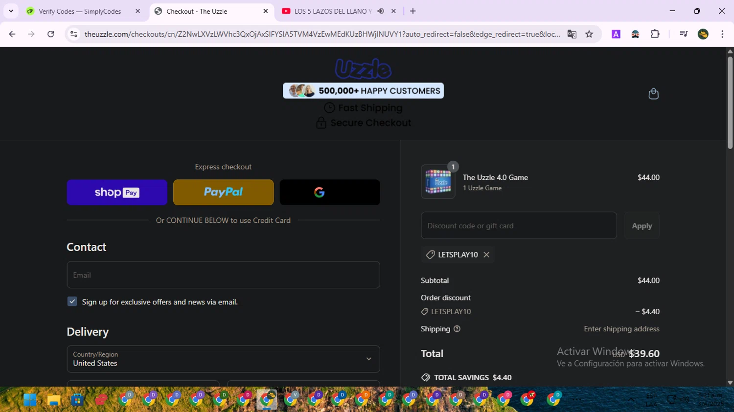 The Uzzle discount code screenshot showing code LETSPLAY10 applied at The Uzzle checkout page. Uploaded by SimplyCodes community member RewardNavigator9728 on Apr 3, 2025