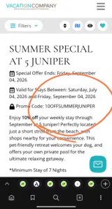 The Vacation Company coupon verification screenshot