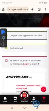 The Vapers World coupon verification screenshot