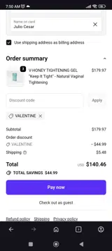 VALENTINE coupon verification screenshot