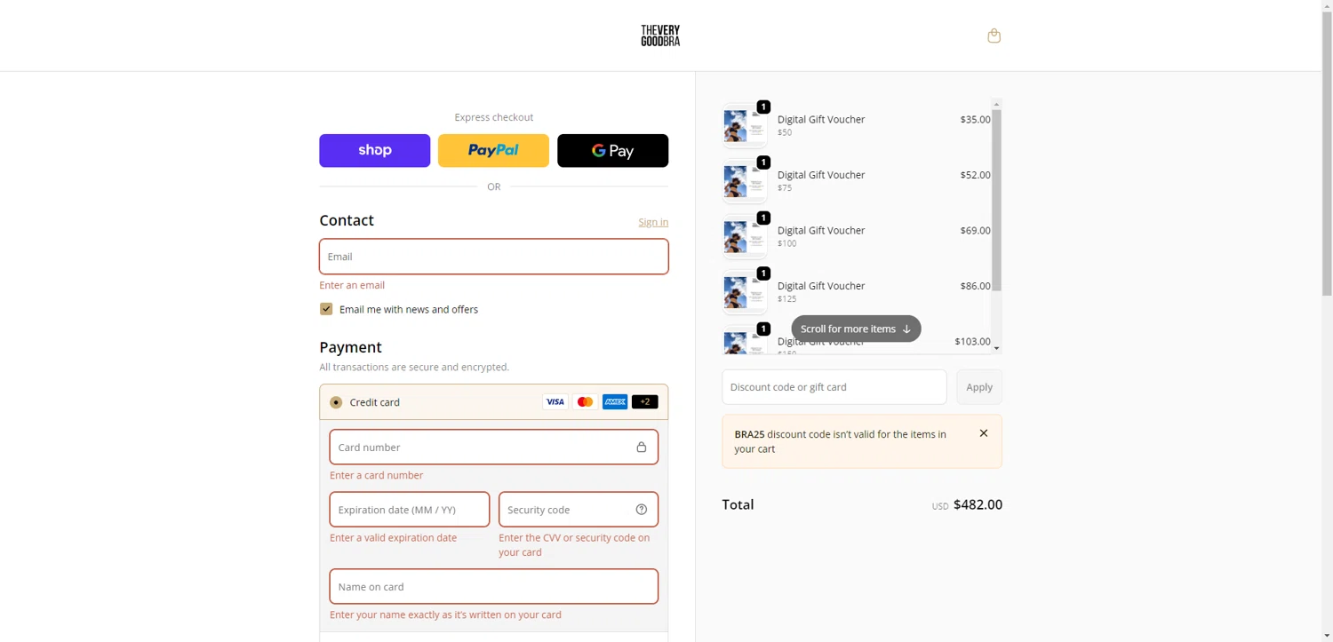 The Very Good Bra discount code screenshot showing code BRA25 applied at The Very Good Bra checkout page. Uploaded by SimplyCodes community member EpicEagle816 on Dec 28, 2025