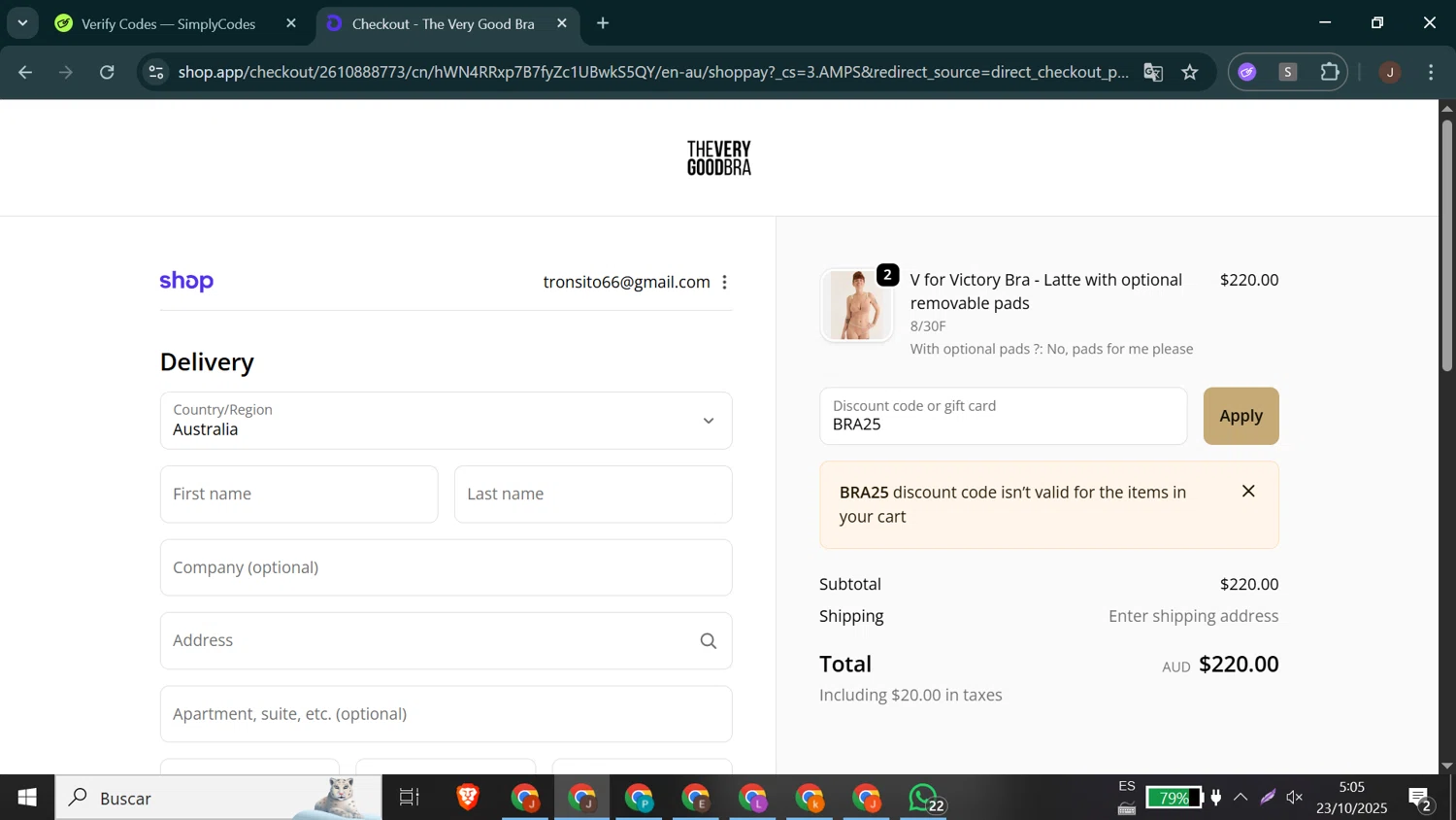 The Very Good Bra discount code screenshot showing code BRA25 applied at The Very Good Bra checkout page. Uploaded by SimplyCodes community member Jeffersontorrealba on Oct 23, 2025