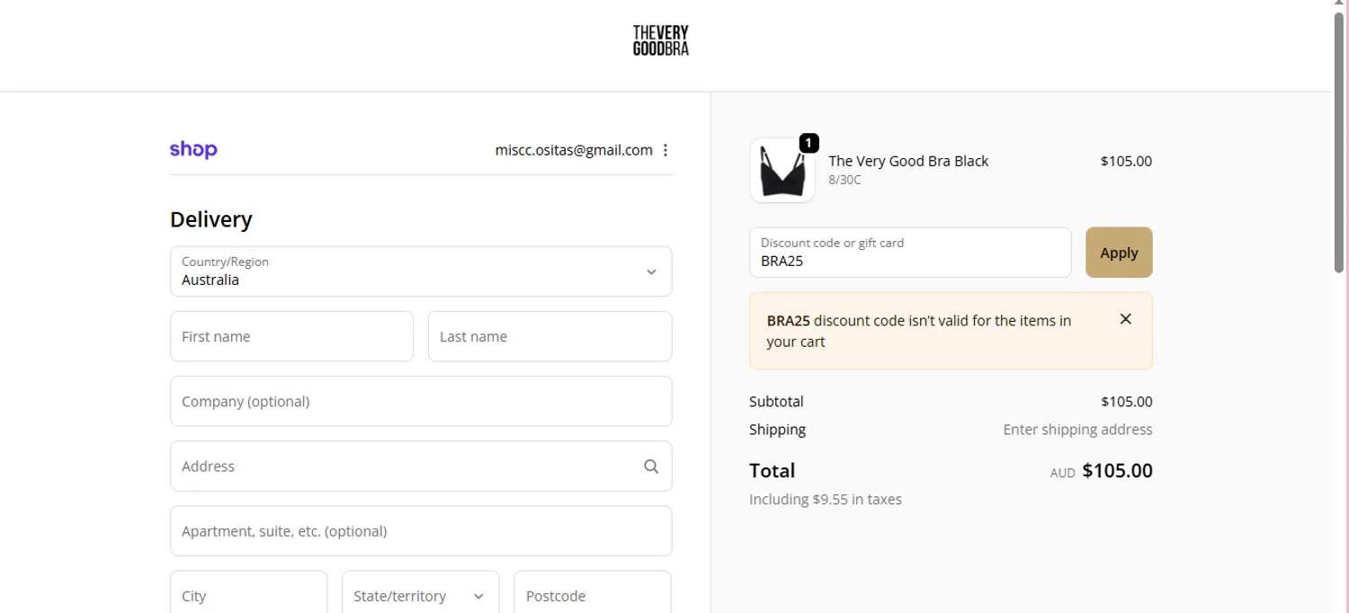The Very Good Bra discount code screenshot showing code BRA25 applied at The Very Good Bra checkout page. Uploaded by SimplyCodes community member negrita on Oct 15, 2025