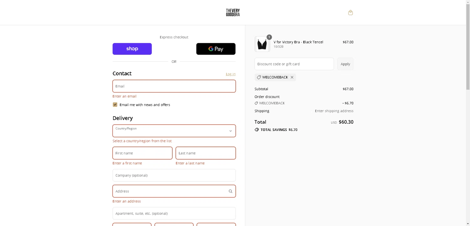 The Very Good Bra discount code screenshot showing code WELCOMEBACK applied at The Very Good Bra checkout page. Uploaded by SimplyCodes community member DealHunter6996 on Aug 31, 2025