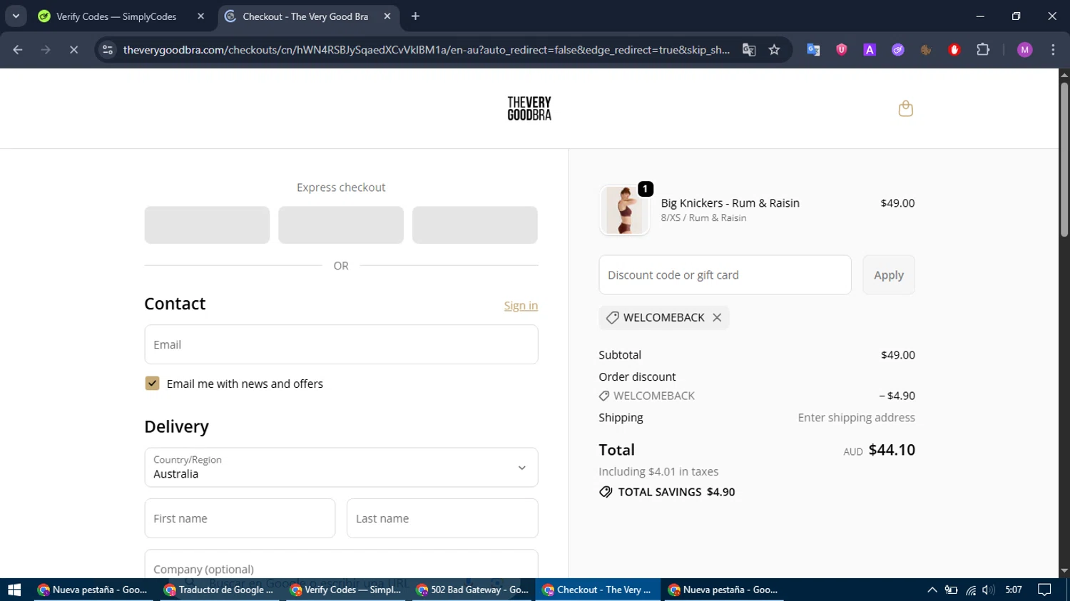 The Very Good Bra discount code screenshot showing code WELCOMEBACK applied at The Very Good Bra checkout page. Uploaded by SimplyCodes community member MightyTracker1549 on Oct 23, 2025