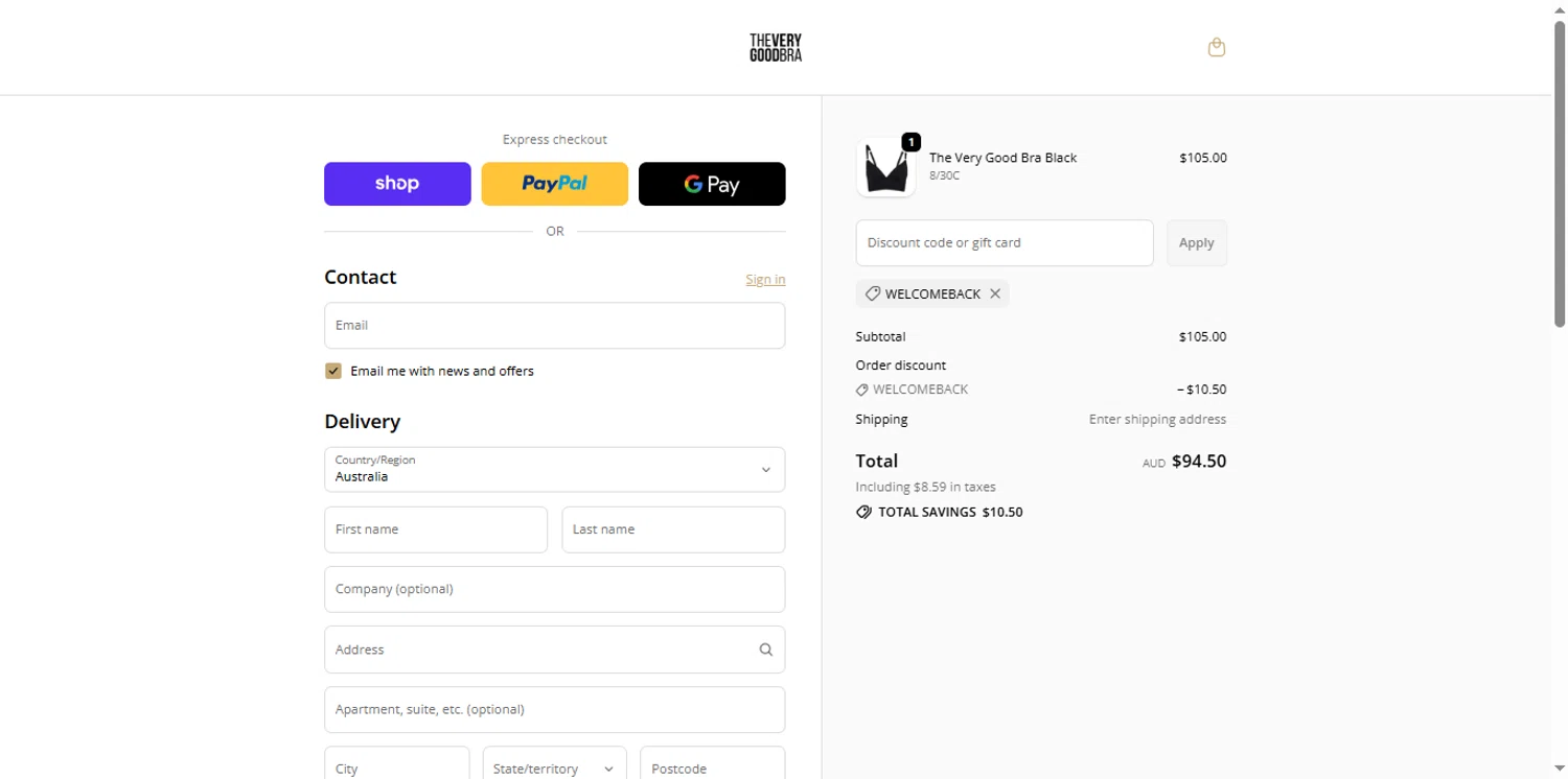 The Very Good Bra discount code screenshot showing code WELCOMEBACK applied at The Very Good Bra checkout page. Uploaded by SimplyCodes community member the_loose_cannon on Sep 25, 2025