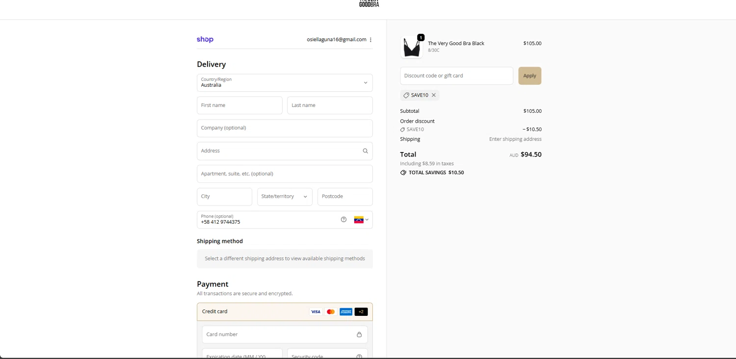 The Very Good Bra discount code screenshot showing code SAVE10 applied at The Very Good Bra checkout page. Uploaded by SimplyCodes community member FrugalElite775 on Oct 3, 2025