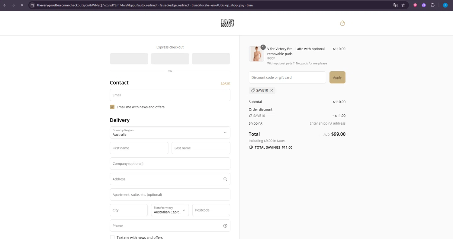 The Very Good Bra discount code screenshot showing code SAVE10 applied at The Very Good Bra checkout page. Uploaded by SimplyCodes community member LuckyDefender4135 on Aug 31, 2025