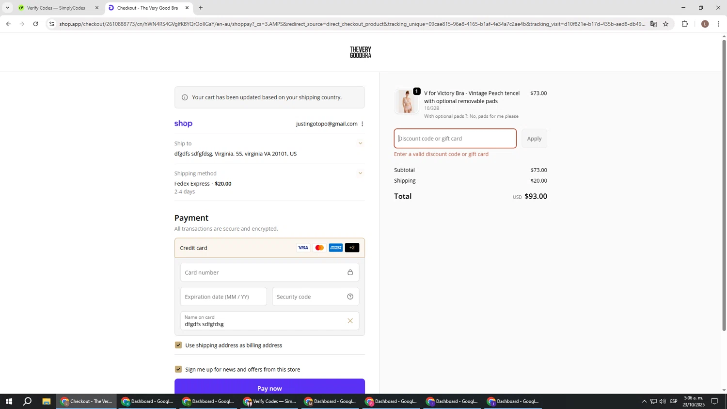 The Very Good Bra discount code screenshot showing code PEACHY15 applied at The Very Good Bra checkout page. Uploaded by SimplyCodes community member BENELLI on Oct 23, 2025
