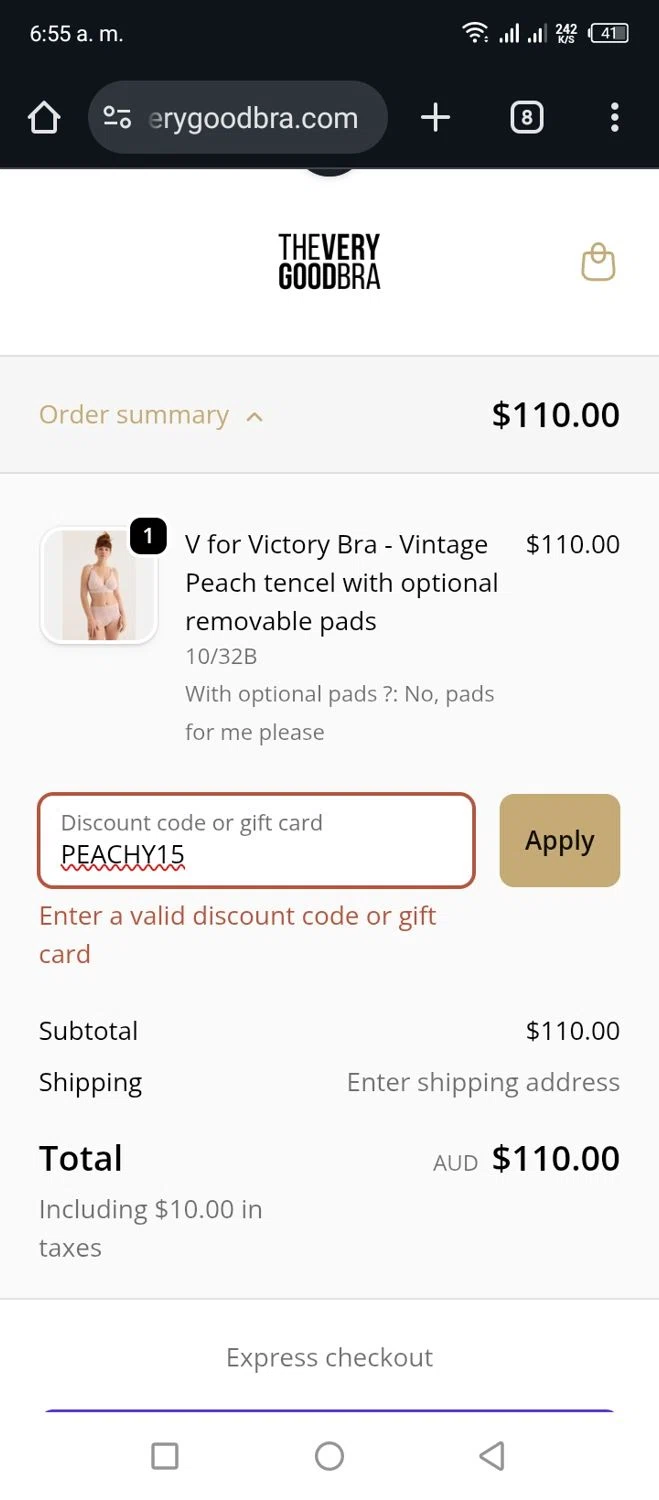 The Very Good Bra discount code screenshot showing code PEACHY15 applied at The Very Good Bra checkout page. Uploaded by SimplyCodes community member Miggy2024 on Oct 23, 2025