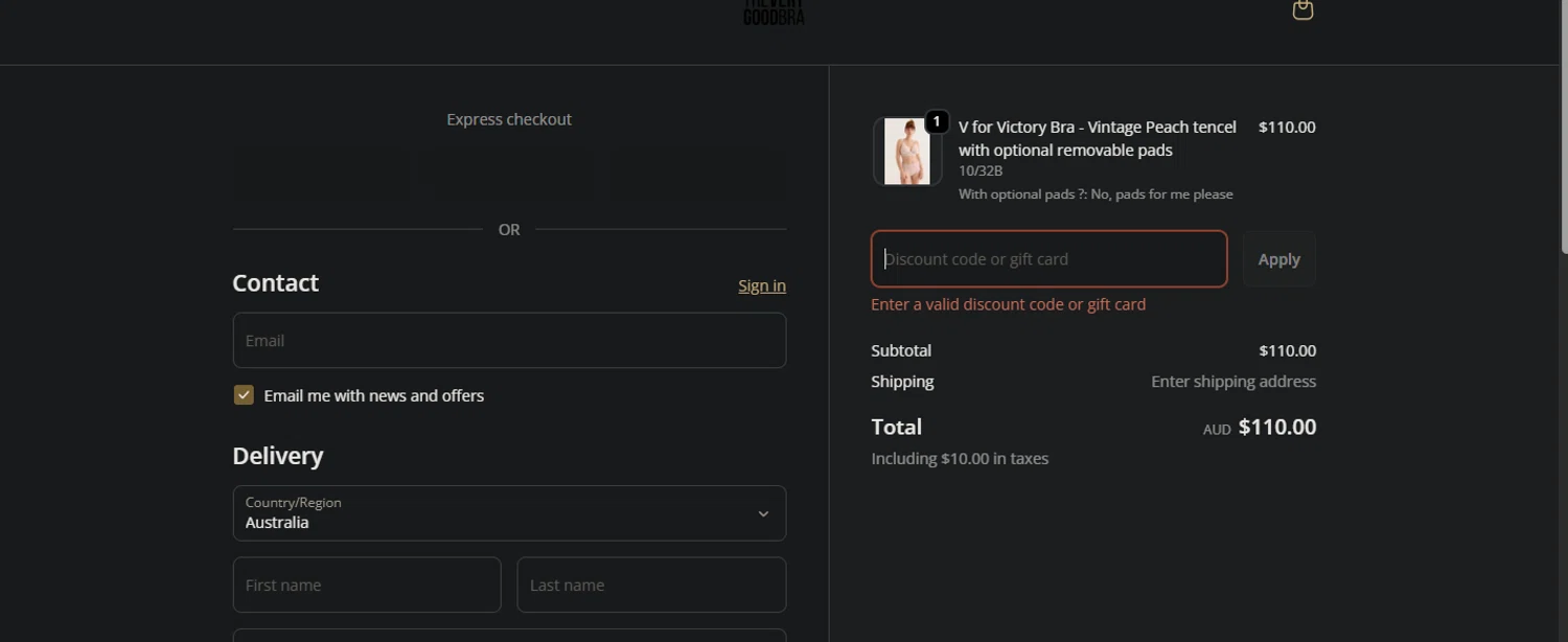 The Very Good Bra discount code screenshot showing code PEACHY15 applied at The Very Good Bra checkout page. Uploaded by SimplyCodes community member Pollofrito on Oct 23, 2025