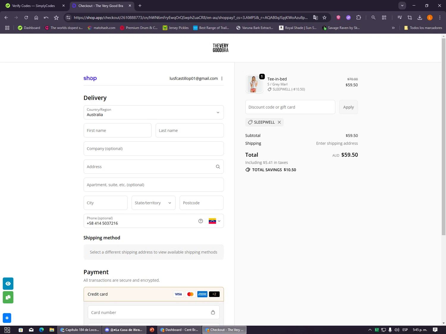 The Very Good Bra discount code screenshot showing code SLEEPWELL applied at The Very Good Bra checkout page. Uploaded by SimplyCodes community member VayneChambeadora on Dec 23, 2025