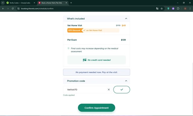 The Vets checkout page showing The Vets promo code box | Screenshot taken by SimplyCodes community member on Jun 25, 2025